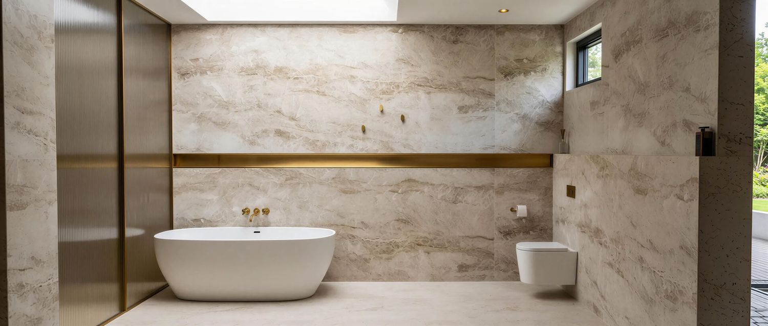 A master ensuite with the bath centred on a feature wall.