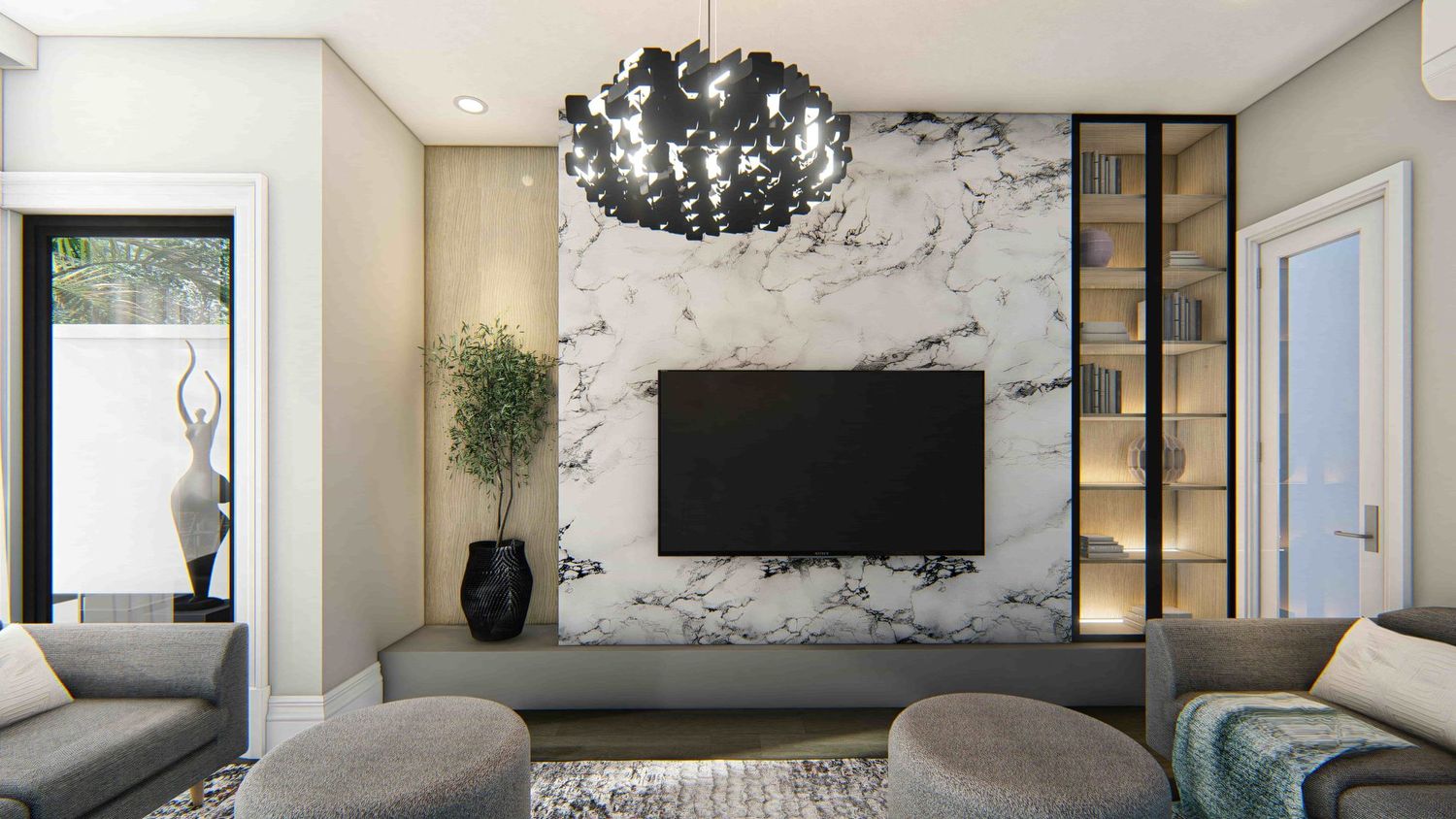 A finished living room with furniture, lighting and window furnishings in place.